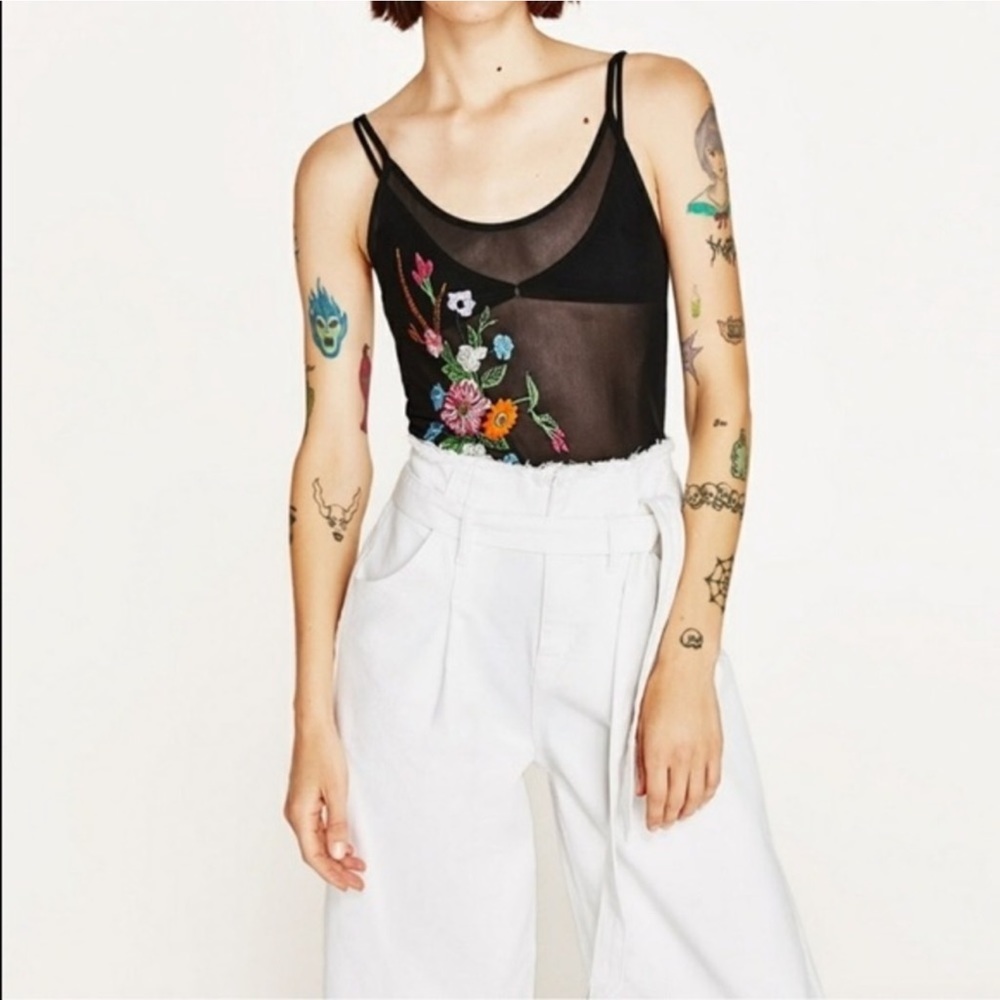 Zara Black Sheer Floral Embroidered Bodysuit – Size Small